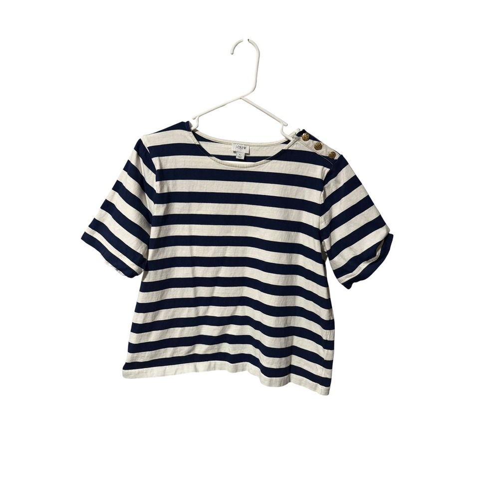 J.Crew Size Large Navy White Striped Button Shoulder Short Sleeve Cotton T-Shirt
